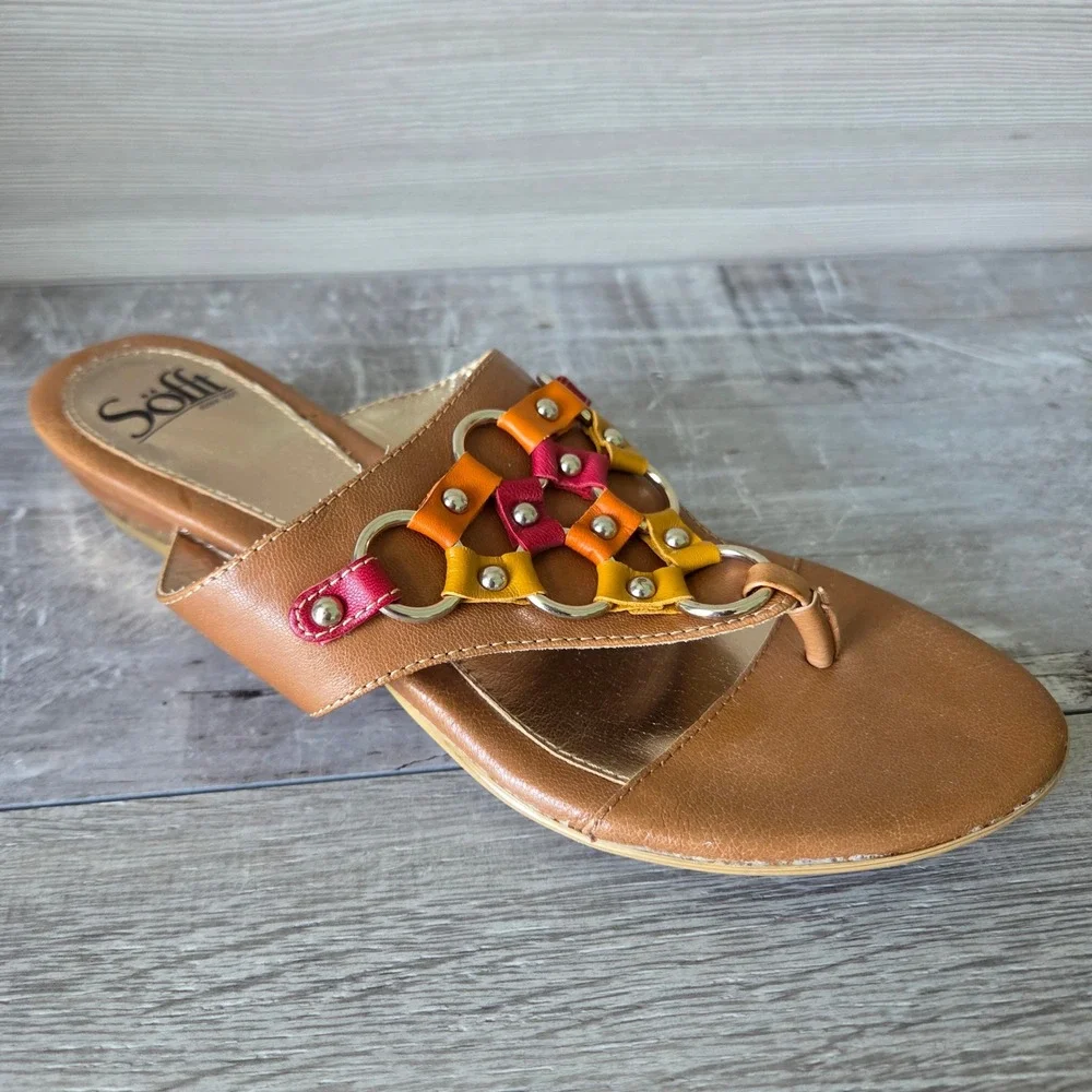 Sofft Womens 8M Tan Leather Woven Slide Thong Sandals Multi Color Rings Studded